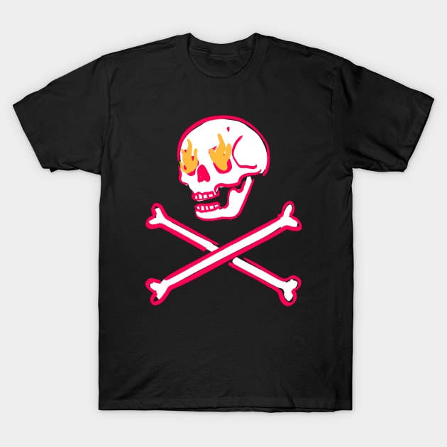 Pink Skull Fire Eyes Skeleton Vaporwave with crossed Bones T-Shirt by Trippycollage